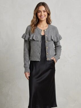 H&M Grey Ruffle-Detail Ribbed Knit Sweater Cardigan